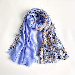 Dotted Flower Print Scarf Frayed Edge Boho Shawl