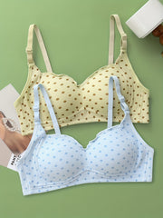 2pcs Girl's Polka Dot Print Push Up Thin Bras V Neck Adjustable Straps Bras