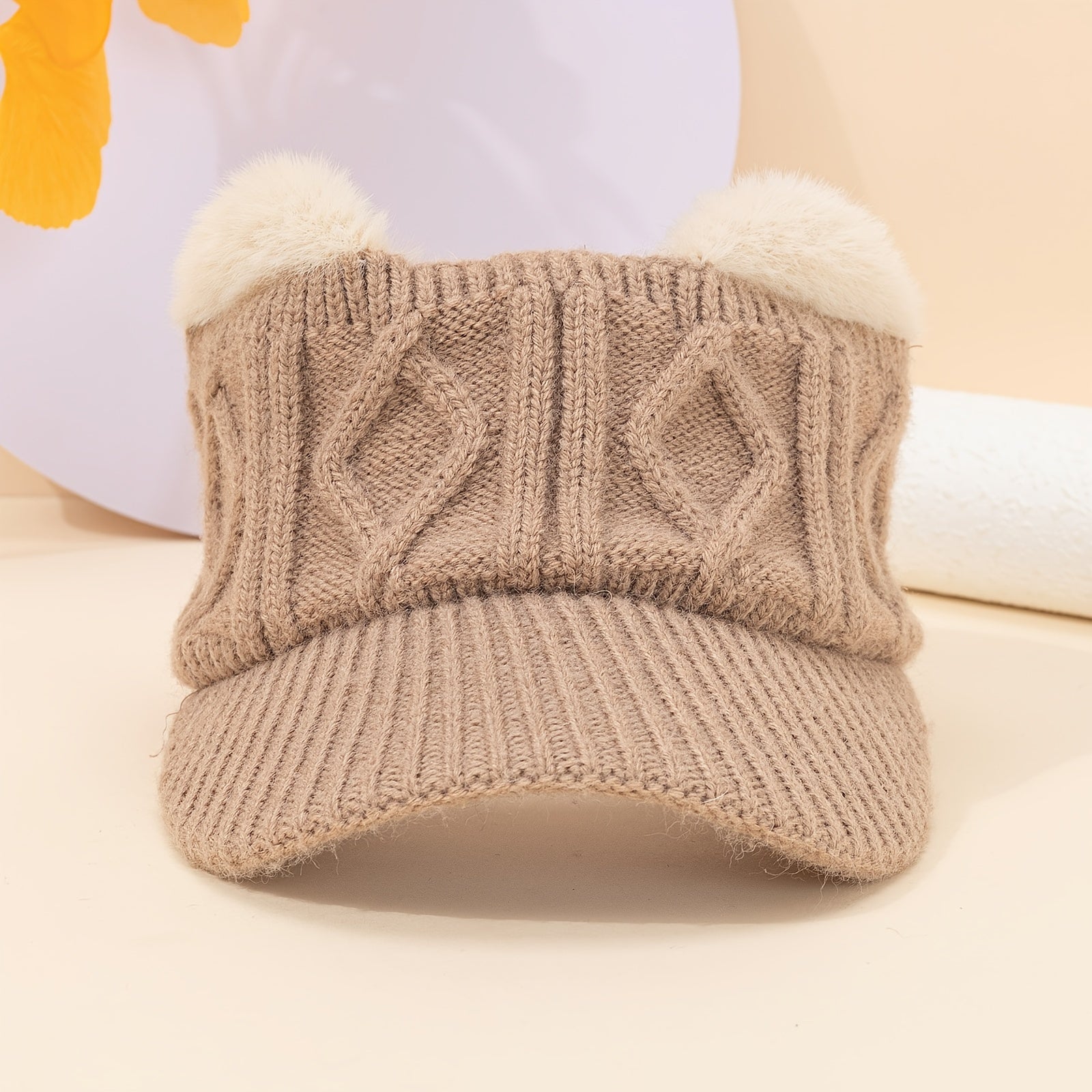 Plush Ears Baseball Cap Knit Hat Winter Gift For Her