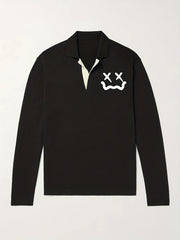 Cross Eyes Face Pattern Knit Polo Shirt Men's Casual Lapel V Neck