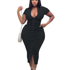  Solid Bodycon Dress Short Sleeve Button Up Sexy