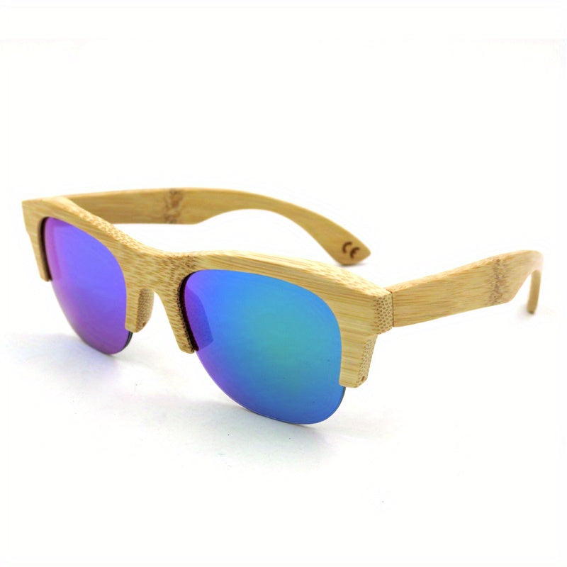 Retro Bamboo Temple Semi Rimless Sunglasses UV400 Sun Shades