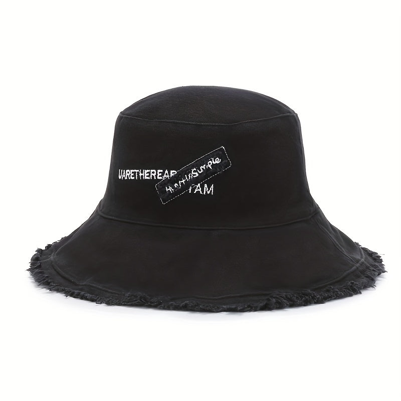 Vintage Embroidery Bucket Hat Frayed Brim Beach Sunscreen Outdoor Basin Hat