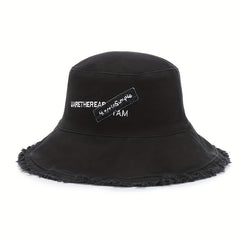 Vintage Embroidery Bucket Hat Frayed Brim Beach Sunscreen Outdoor Basin Hat