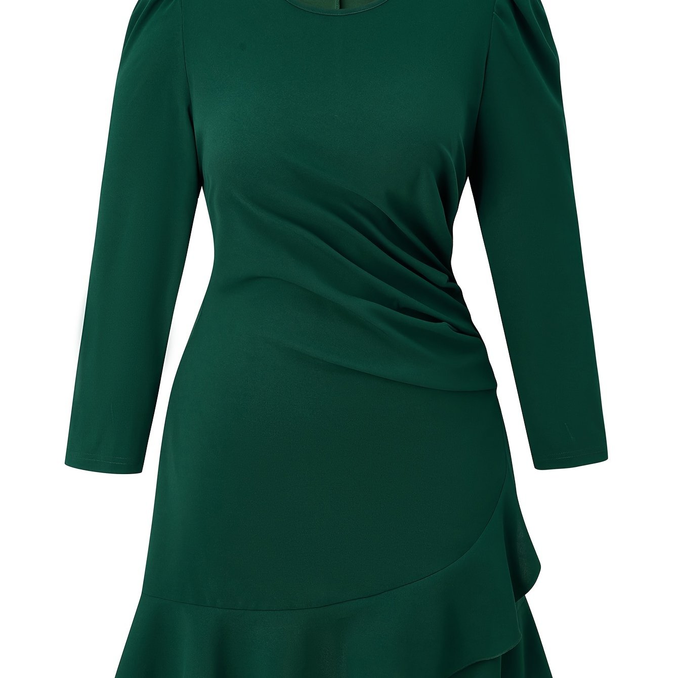  Solid Long Sleeve Ruffle Trim Dress