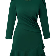  Solid Long Sleeve Ruffle Trim Dress