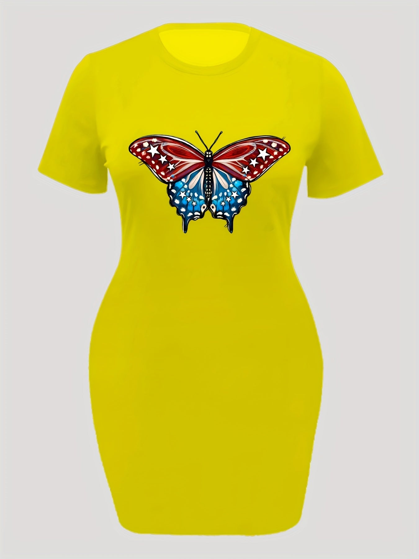  Butterfly Print Short Sleeve Round Neck Casual Dress