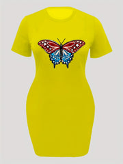  Butterfly Print Short Sleeve Round Neck Casual Dress