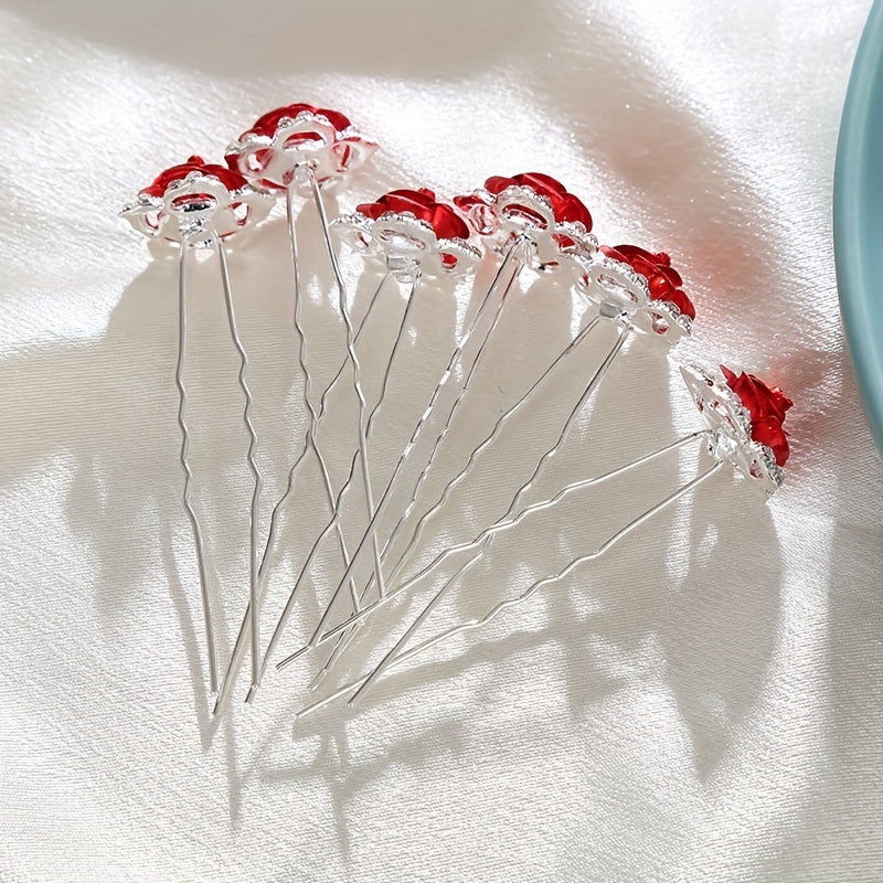 6pcs Rose & Rhinestone Hair Pins Bridal Wedding Headwear