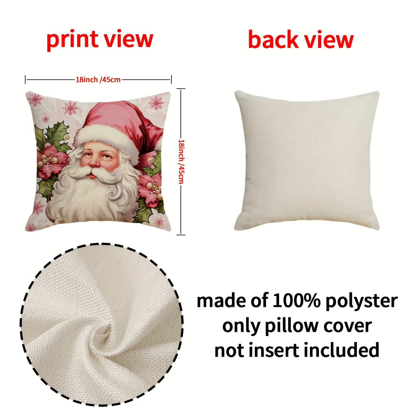 Christmas Pillowcase 18in X 18in Santa Claus Snowman Christmas Tree