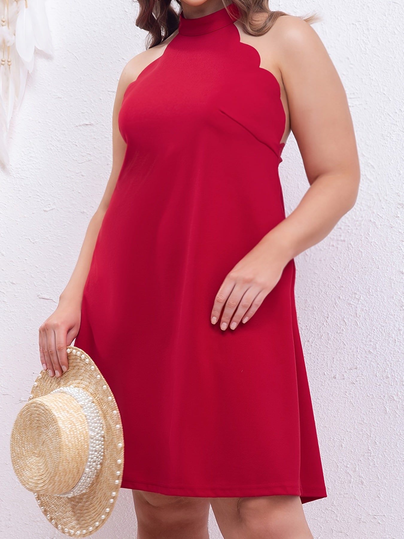  Solid Scallop Trim Halter Neck Knee Length Dress