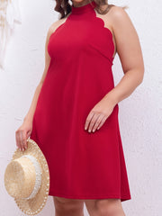  Solid Scallop Trim Halter Neck Knee Length Dress