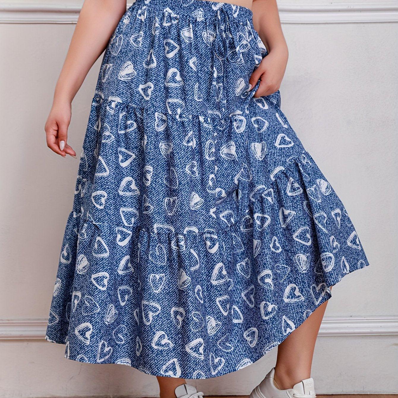  Heart & Denim Print Drawstring Maxi Skirt