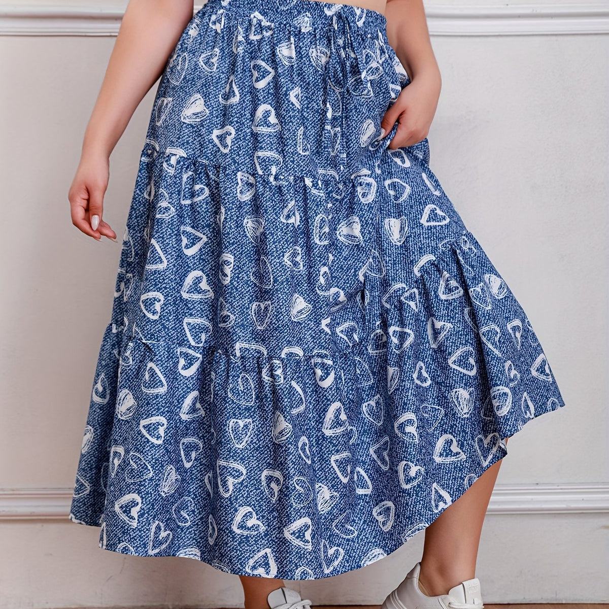  Heart & Denim Print Drawstring Maxi Skirt