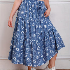  Heart & Denim Print Drawstring Maxi Skirt