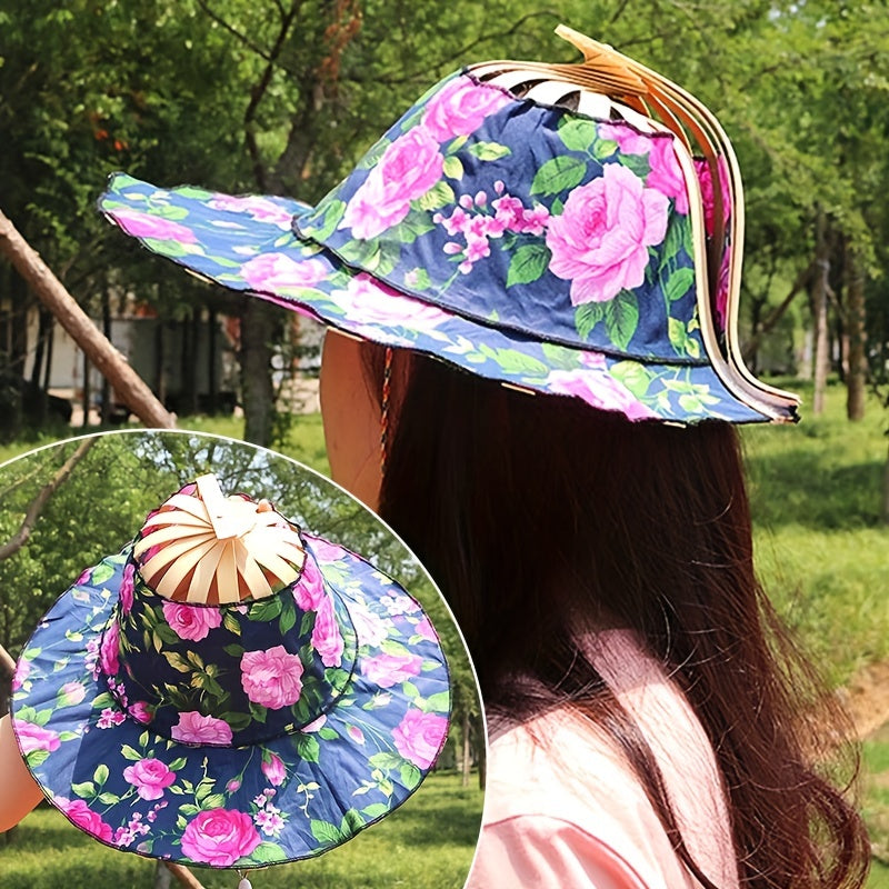 Vintage Floral Bamboo Fan Sun Hat
