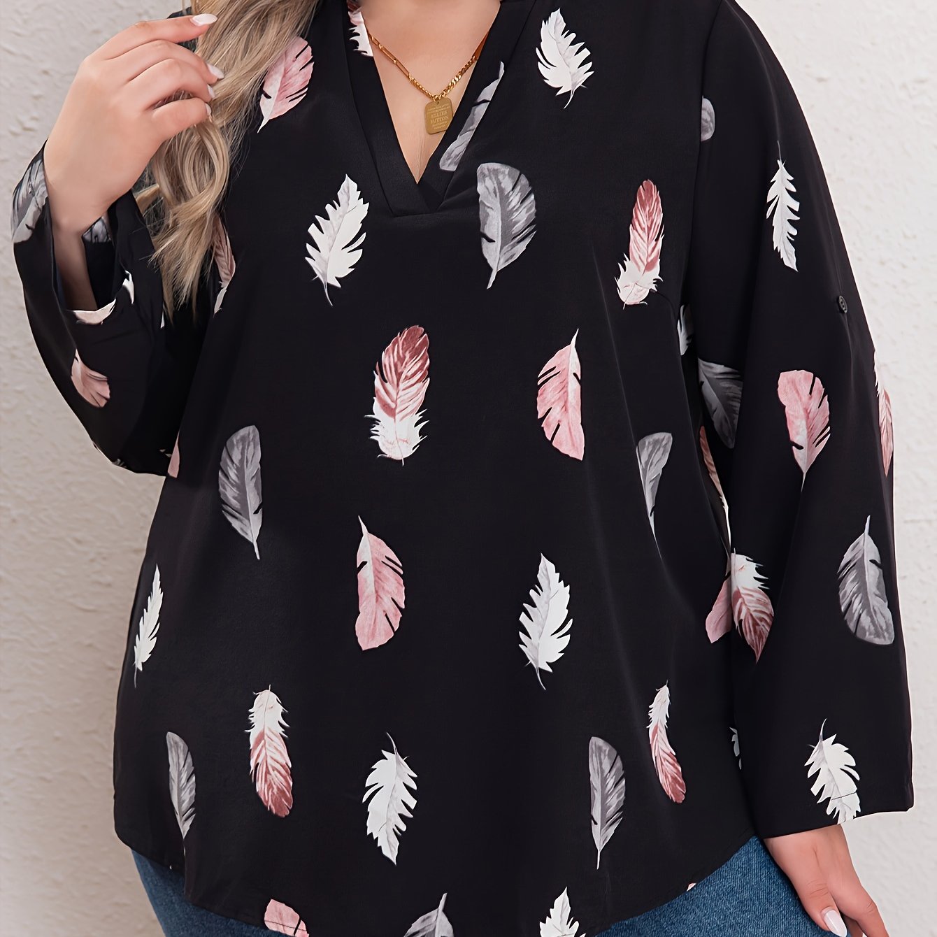  Feather Print Long Sleeve Top