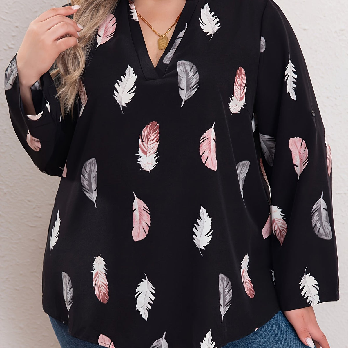  Feather Print Long Sleeve Top