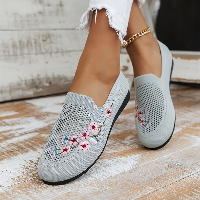 Women's Floral Embroidered Mesh Flat Shoes Lightweight Casual Footwear