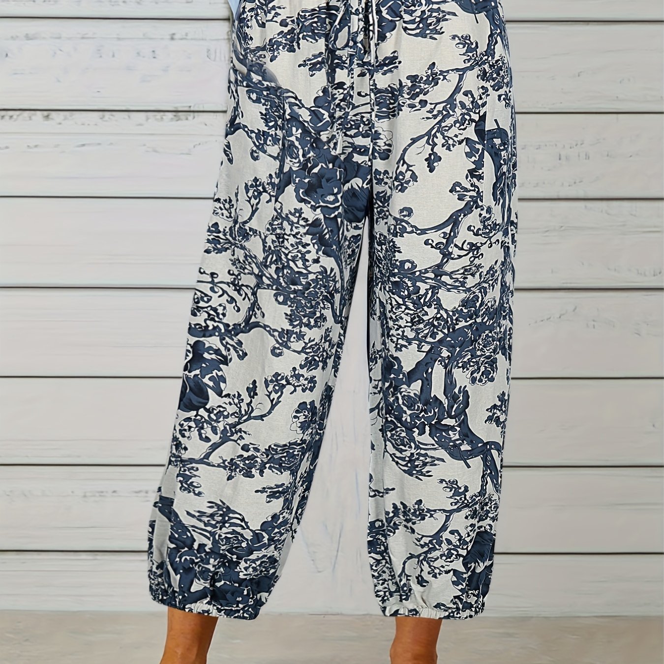  Floral Print Elastic Drawstring High Rise Slight Stretch Carrot Pants