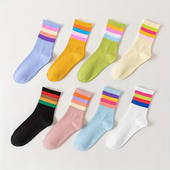 8 Pairs Colorful Stripe Print Ribbed Socks Women's Stockings