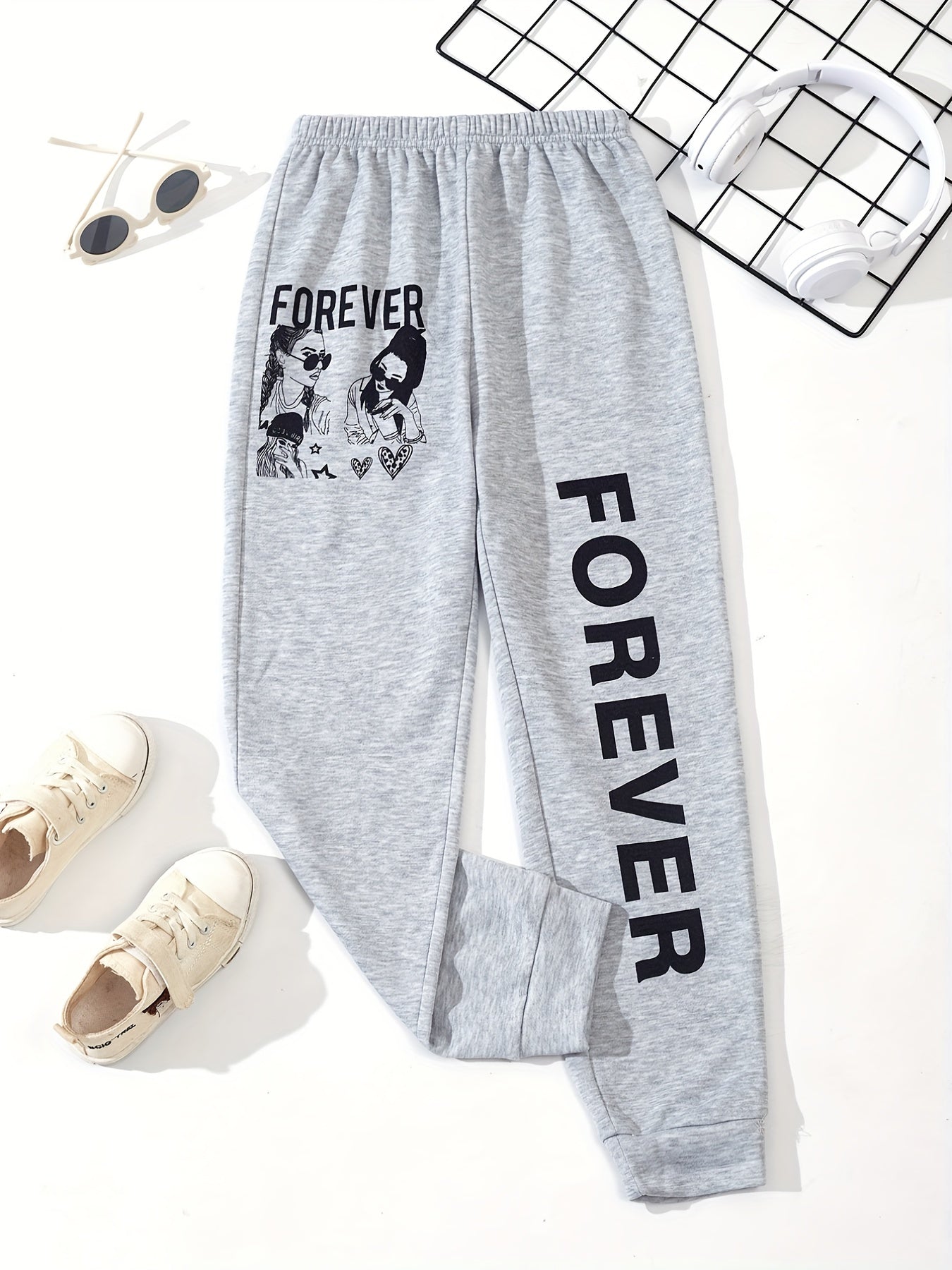 Kid Girls' Street Portrait & Letter Print Jogger Sweatpants