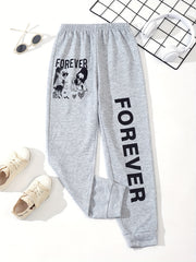 Kid Girls' Street Portrait & Letter Print Jogger Sweatpants