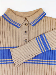  Preppy Sweater Women's Plus Striped Pattern Long Sleeve Polo Neck
