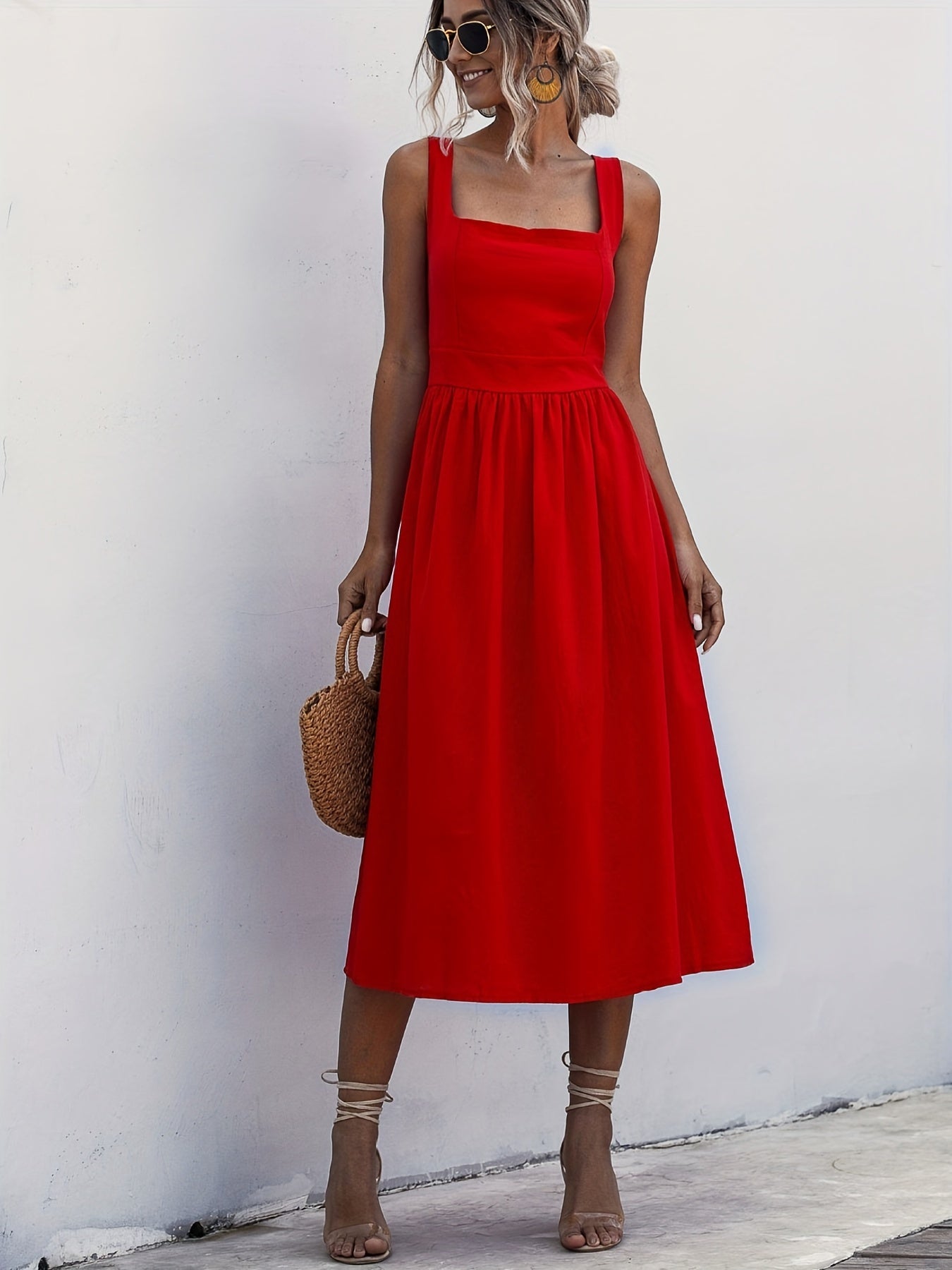 Women Solid Midi Long Dress Backless Slip Square Collar Ruched Party