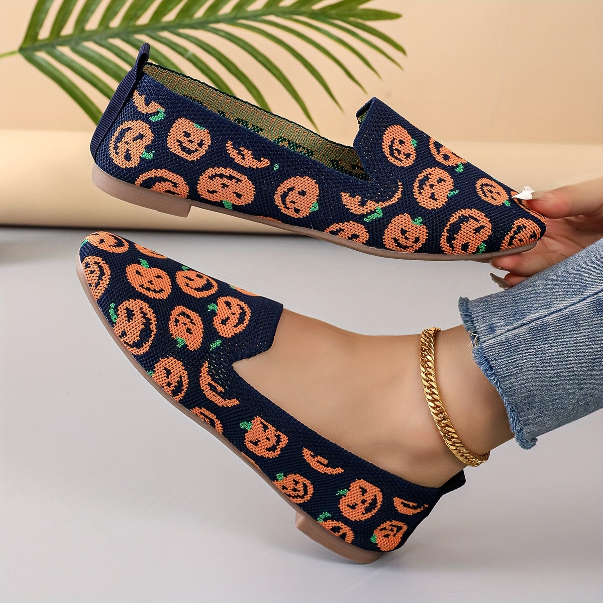 Women's Pumpkin Print Flat Shoes Breathable Knit Square Toe Shoes