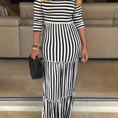  Women's Stripe Print Maxi Smock Dress