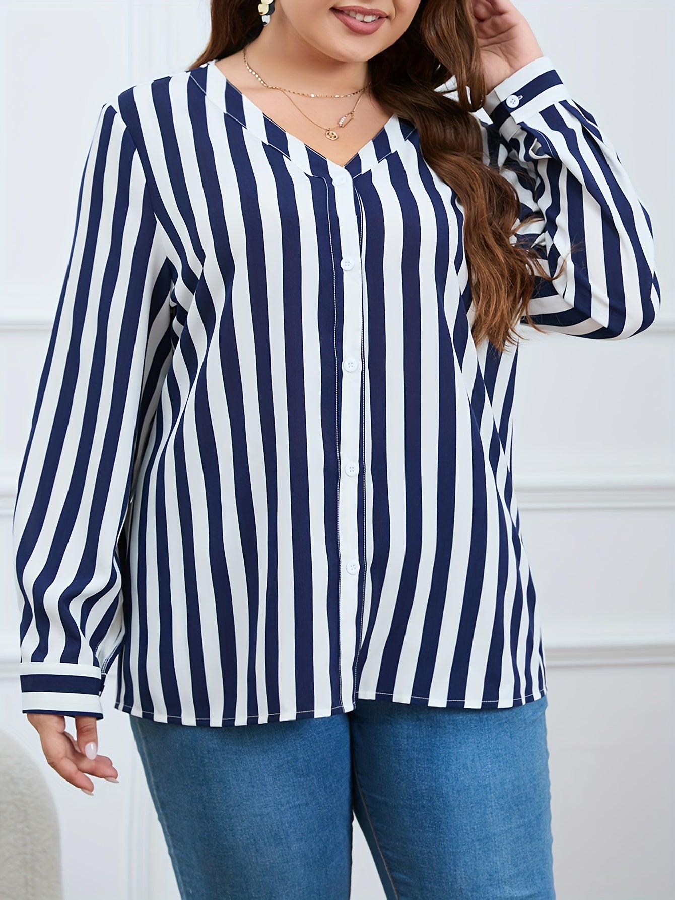  Women's Stripe Print Button Up Long Sleeve Blouse