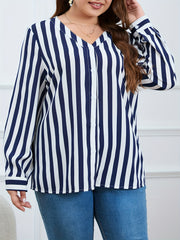  Women's Stripe Print Button Up Long Sleeve Blouse