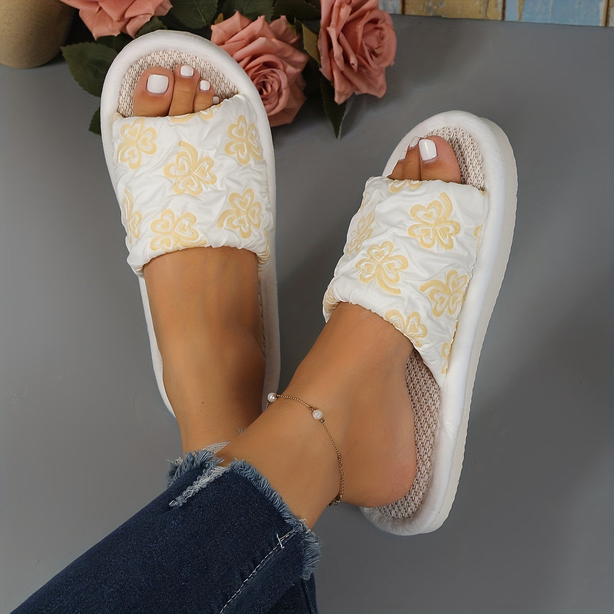 Floral Pattern Flat Slippers Soft Sole Slip On Shoes