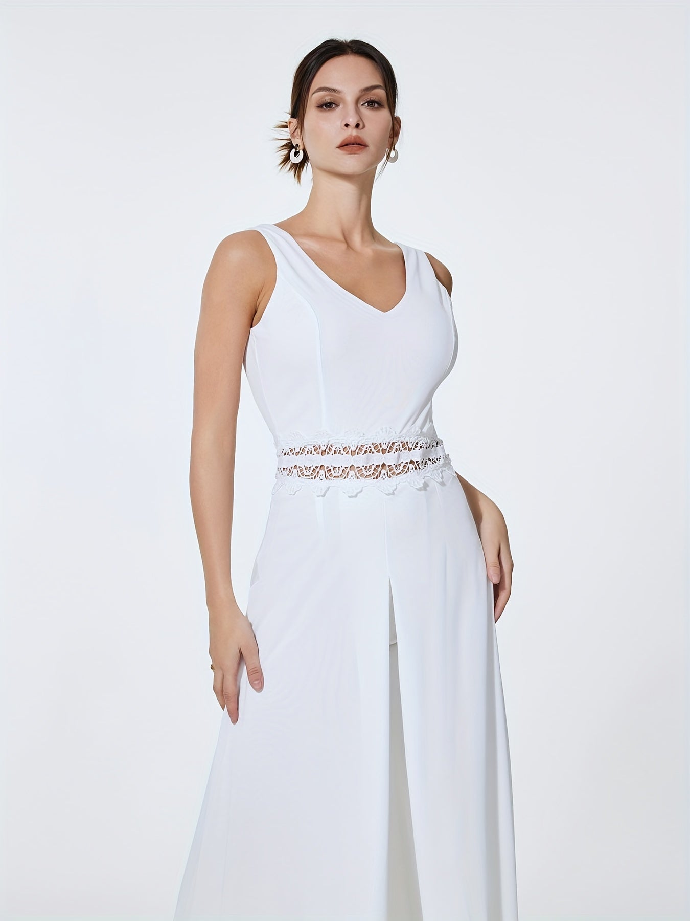 Sleeveless Jumpsuit with Overskirts Casual V Neck Lace Splicing Long Length