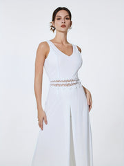 Sleeveless Jumpsuit with Overskirts Casual V Neck Lace Splicing Long Length