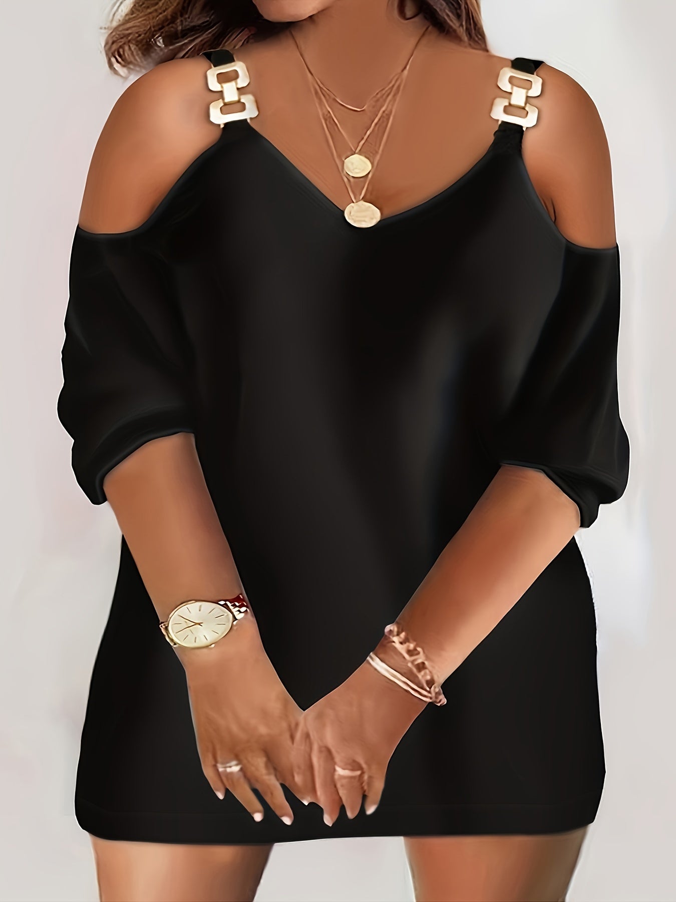  Cold Shoulder V Neck Stretch Mini Dress