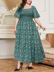  Boho Dress Ditsy Print Puff Sleeve Square Neck