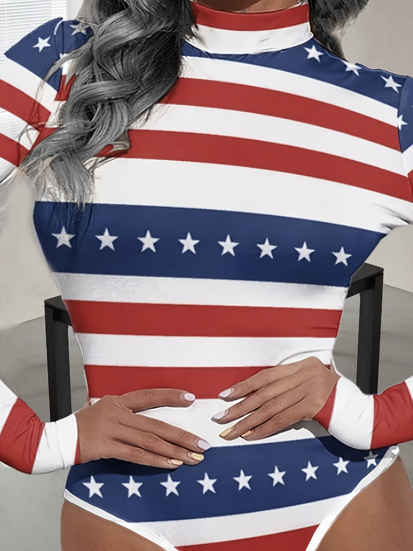  Women's Star & Stripe Print Long Sleeve Mock Neck Bodysuit