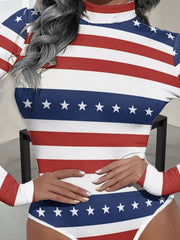  Women's Star & Stripe Print Long Sleeve Mock Neck Bodysuit