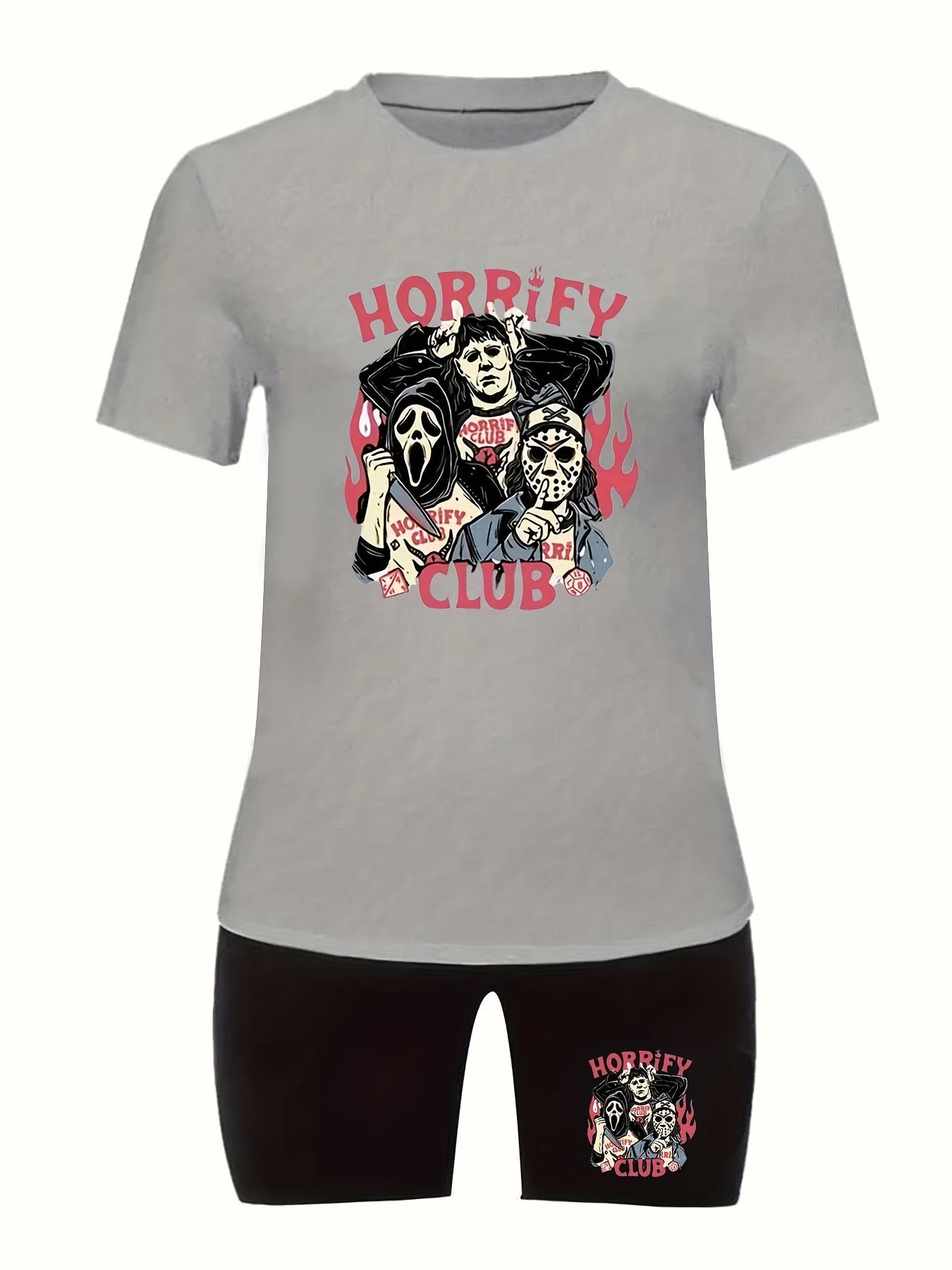  Halloween Casual Outfit - Horror Cartoon Top & Biker Shorts Set