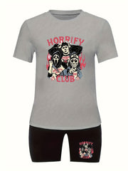  Halloween Casual Outfit - Horror Cartoon Top & Biker Shorts Set