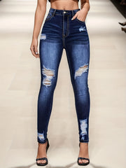 Dark Wash Skinny Jeans High Rise Stretchy Distressed Pants