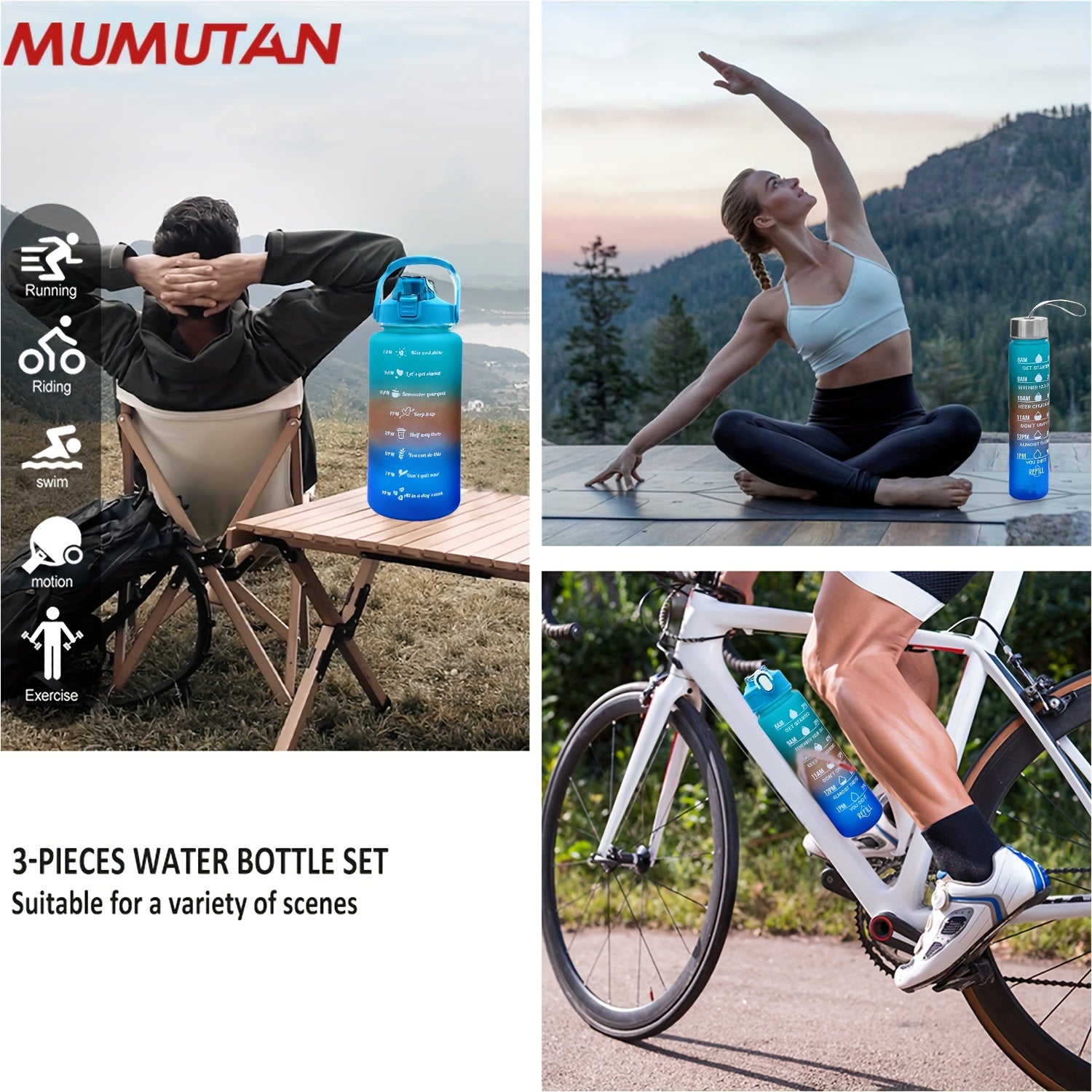 Gradient Water Bottle Set with Time Marker Leakproof Sports Cup 9oz 32oz 64oz