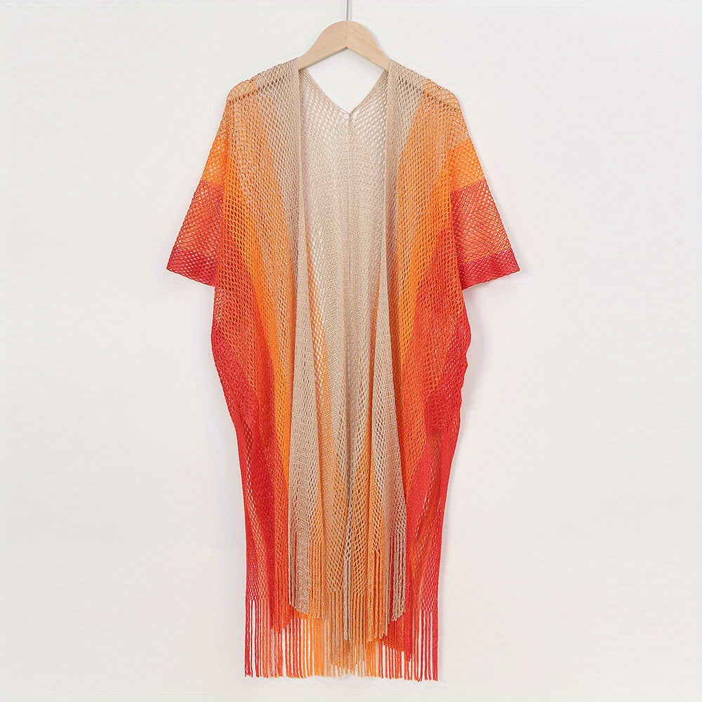 Striped Shawl Cape with Tassel Cover Up