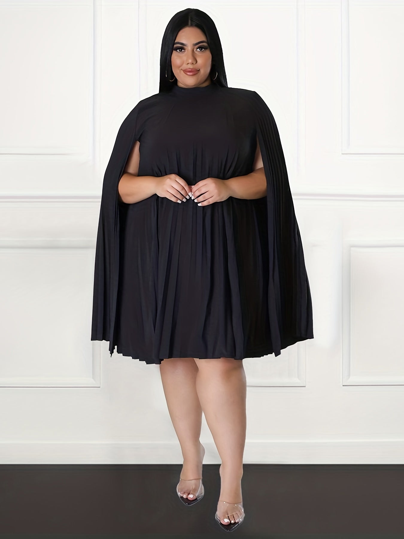  Dress Women's Plain Cloak Pleated Round Neck Dress