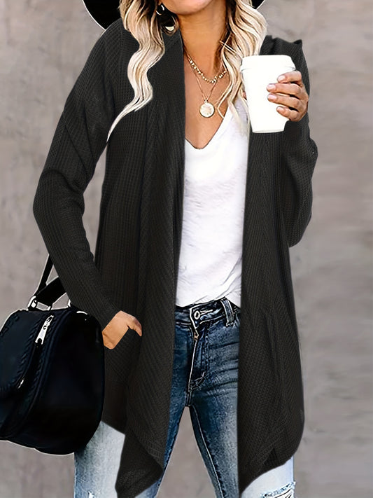  Solid Waffle Pattern Cardigan with Pockets