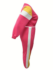  Colorblock Zipper Crop Coat & Jogger Pants Set