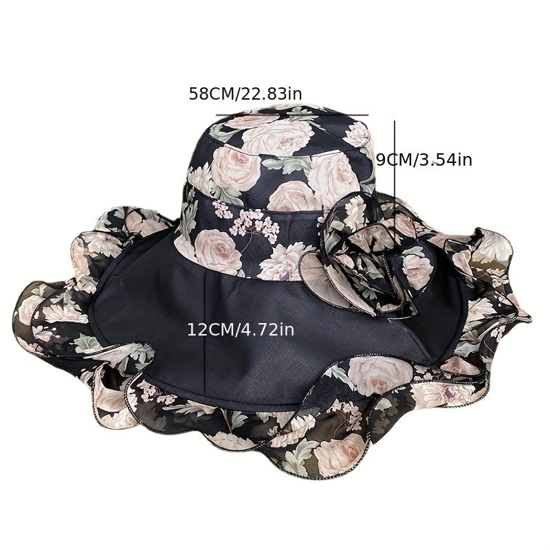 Flower Printed Ruffles Sun Hat Wide Brim UV Protection Bucket Hat