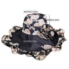 Flower Printed Ruffles Sun Hat Wide Brim UV Protection Bucket Hat